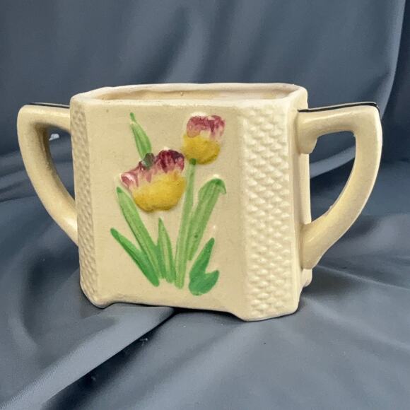 Vintage Japan Hand Painted Sugar Bowl Floral Tulip Motif Two Handles - Picture 4 of 5